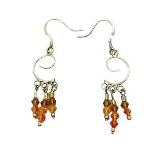 Handmade Chandelier Earrings Orange Amber &  Brown Crystals Gold Tone